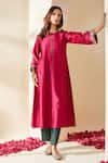 Buy_Mushio_Magenta Chanderi Embroidery, Zari Round Neck, Keyhole Floral Rashika Kurta _at_Aza_Fashions