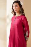 Buy_Mushio_Magenta Chanderi Embroidery, Zari Round Neck, Keyhole Floral Rashika Kurta _Online_at_Aza_Fashions