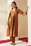 Buy_Mushio_Brown Chanderi Embroidery V-neck Hand Embellished Zohra Kurta _at_Aza_Fashions