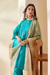 Shop_Mushio_Turquoise Chanderi Embroidery Keyhole , Round Organza Ruksaar Kurta 