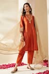 Shop_Mushio_Orange Chanderi, Cotton, Silk, Tissue Embroidery, Zari Keyhole Svara Kurta Set _Online_at_Aza_Fashions