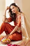 Buy_Mushio_Orange Chanderi, Cotton, Silk, Tissue Embroidery, Zari Keyhole Svara Kurta Set 