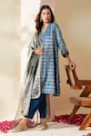 Mushio_Blue Chanderi, Crepe, Tissue Embroidery, Stripe Embellished Pranita Kurta Set _at_Aza_Fashions