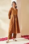Shop_Mushio_Brown Chanderi, Cotton, Silk, Tissue, Kota Hand Embellished Zohra Kurta Set _Online_at_Aza_Fashions