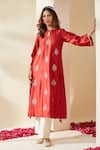 Mushio_Red Chanderi, Cotton, Silk, Tissue Embroidery, Tassels Keyhole Dilruba Kurta Set _Online_at_Aza_Fashions