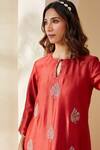 Mushio_Red Chanderi, Cotton, Silk, Tissue Embroidery, Tassels Keyhole Dilruba Kurta Set _at_Aza_Fashions