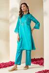 Buy_Mushio_Teal Chanderi, Cotton, Silk, Tissue Turquoise Organza Ruksaar Kurta Set _Online_at_Aza_Fashions
