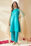 Shop_Mushio_Teal Chanderi, Cotton, Silk, Tissue Turquoise Organza Ruksaar Kurta Set _Online_at_Aza_Fashions
