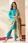 Mushio_Teal Chanderi, Cotton, Silk, Tissue Turquoise Organza Ruksaar Kurta Set _at_Aza_Fashions