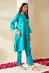 Mushio_Blue Chanderi, Cotton, Silk Turquoise Organza Ruksaar Kurta And Pant Set _Online_at_Aza_Fashions
