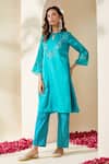Buy_Mushio_Blue Chanderi, Cotton, Silk Turquoise Organza Ruksaar Kurta And Pant Set _at_Aza_Fashions