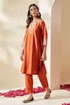Mushio_Orange Chanderi, Cotton, Silk Embroidery Keyhole Neck Svara Kurta And Pant Set _Online_at_Aza_Fashions