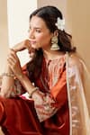 Mushio_Orange Chanderi, Cotton, Silk Embroidery Keyhole Neck Svara Kurta And Pant Set _at_Aza_Fashions