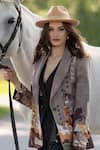Buy_RANNA GILL_Brown Crepe V-neck Clyde Irish Horse Artwork Printed Jacket_at_Aza_Fashions