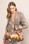 RANNA GILL_Brown Crepe V-neck Clyde Irish Horse Artwork Printed Jacket_at_Aza_Fashions