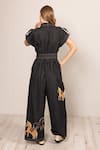 Shop_RANNA GILL_Black Denim Applique, Embroidery Collared, V-neck Phoenix Jumpsuit_at_Aza_Fashions