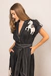 RANNA GILL_Black Denim Applique, Embroidery Collared, V-neck Phoenix Jumpsuit_at_Aza_Fashions