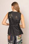 Shop_RANNA GILL_Black Denim Embroidery, Crystals V-neck Aster Sleeveless Waist Coat_at_Aza_Fashions