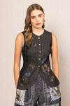 Buy_RANNA GILL_Black Denim Embroidery, Crystals V-neck Aster Sleeveless Waist Coat_at_Aza_Fashions