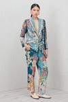 RANNA GILL_Blue Linen, Viscose V-neck Elaris Notch Collared Printed Jacket_Online_at_Aza_Fashions
