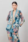 Buy_RANNA GILL_Blue Linen, Viscose V-neck Elaris Notch Collared Printed Jacket_at_Aza_Fashions