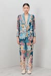 Buy_RANNA GILL_Blue Linen, Viscose V-neck Elaris Notch Collared Printed Jacket_Online_at_Aza_Fashions