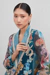 Shop_RANNA GILL_Blue Linen, Viscose V-neck Elaris Notch Collared Printed Jacket_Online_at_Aza_Fashions