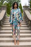 RANNA GILL_Blue Linen, Viscose V-neck Elaris Notch Collared Printed Jacket_at_Aza_Fashions