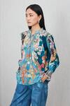RANNA GILL_Teal Split V-neck Venari Tie Baroque Print Top_Online_at_Aza_Fashions