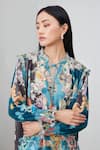 Buy_RANNA GILL_Teal Split V-neck Venari Tie Baroque Print Top_Online_at_Aza_Fashions