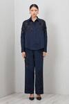 RANNA GILL Navy Applique, Embroidery, Sequins Collared Aster Button Down Shirt Online at Aza Fashions RANNA GILL_Navy Applique, Embroidery, Sequins Collared Aster Button Down Shirt_Online_at_Aza_Fashions