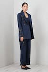 RANNA GILL_Navy Applique, Sequins V-neck Amara Oversized Embroidered Jacket_at_Aza_Fashions