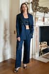 Buy_RANNA GILL_Navy Applique, Sequins V-neck Amara Oversized Embroidered Jacket_at_Aza_Fashions