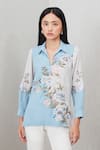 Buy_RANNA GILL_Sky Blue Georgette Embroidery, Sequins Collared, Split Florensa Floral Top_at_Aza_Fashions