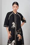 Buy_RANNA GILL_Black Viscose, Linen Embroidery V-neck Giara Horse Motif Tunic_Online_at_Aza_Fashions