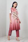 RANNA GILL_Pink Crinkle, Polyester Applique, Beads Round Velda Floral Tunic And Pant Set_Online_at_Aza_Fashions