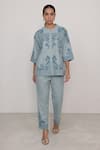 Buy_RANNA GILL_Sky Blue Round Neck Sovana Lattice And Floral Pattern Pant Co-ord Set_at_Aza_Fashions