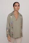 RANNA GILL_Olive Green Georgette Embroidery, Lace Collared Vinara Floral And Vines Top_Online_at_Aza_Fashions