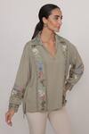 Buy_RANNA GILL_Olive Green Georgette Embroidery, Lace Collared Vinara Floral And Vines Top_at_Aza_Fashions