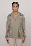 Buy_RANNA GILL_Olive Green Georgette Embroidery, Lace Collared Vinara Floral And Vines Top_Online_at_Aza_Fashions
