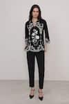 RANNA GILL_Black Crepe Embroidery Collared, Split V-neck Casa Floral Threadwork Top_Online_at_Aza_Fashions