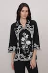 Buy_RANNA GILL_Black Crepe Embroidery Collared, Split V-neck Casa Floral Threadwork Top_at_Aza_Fashions
