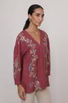 RANNA GILL_Rust Crinkle Embroidery V-neck Amber Top_Online_at_Aza_Fashions