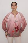 Buy_RANNA GILL_Pink Crepe Embroidery Keyhole Neck Olivi Tulips Top_at_Aza_Fashions