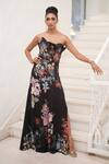 Buy_RANNA GILL_Black Viscose, Jacquard Sequins, Embroidery Sera Floral Print Strapless Gown_at_Aza_Fashions
