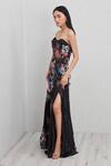 RANNA GILL_Black Viscose, Jacquard Sequins, Embroidery Sera Floral Print Strapless Gown_Online_at_Aza_Fashions