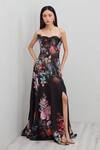 Buy_RANNA GILL_Black Viscose, Jacquard Sequins, Embroidery Sera Floral Print Strapless Gown_Online_at_Aza_Fashions