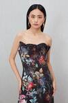 RANNA GILL_Black Viscose, Jacquard Sequins, Embroidery Sera Floral Print Strapless Gown_at_Aza_Fashions