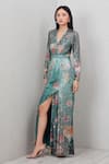 RANNA GILL_Teal Polyester Sequins V-neck Nora Floral Print Gown_Online_at_Aza_Fashions