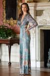 Buy_RANNA GILL_Teal Polyester Sequins V-neck Nora Floral Print Gown_at_Aza_Fashions